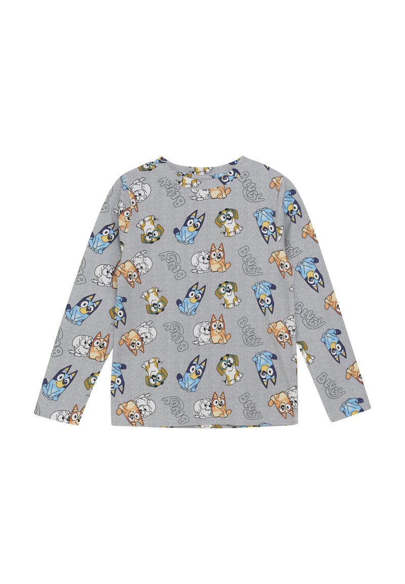 Grijze longsleeve shirt met een all-over print van cartoonhonden in verschillende kleuren en poses, gemaakt van zachte, ademende stof.
