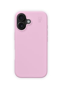 Custodia per telefono in silicone rosa con texture liscia, ritagli per doppi obiettivi della fotocamera e dettagli del marchio in rilievo sul lato.