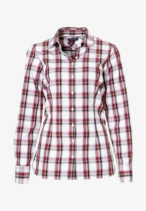 Camicia a maniche lunghe a quadri rossi, neri e bianchi con colletto abbottonato e chiusura frontale a bottoni; tessuto di cotone liscio con un design aderente.