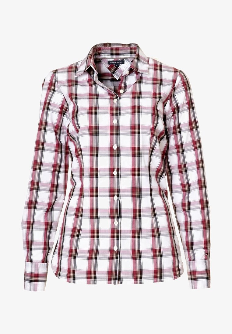 Röd, svart och vit rutig skjorta med lång ärm, knappad krage och knäppning framtill; slät bomullstyg med en figurnära design.