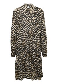 Pitkähiha dressi, jossa on kerroksellinen muotoilu, musta-beige leopardsisustus, korkea kaulus ja napitus takana.