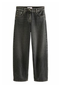 Vaqueros de mezclilla negra con cintura alta, diseño de pierna recta, cinco bolsillos y cierre de botón clásico. Textura suave con un ligero desgaste.