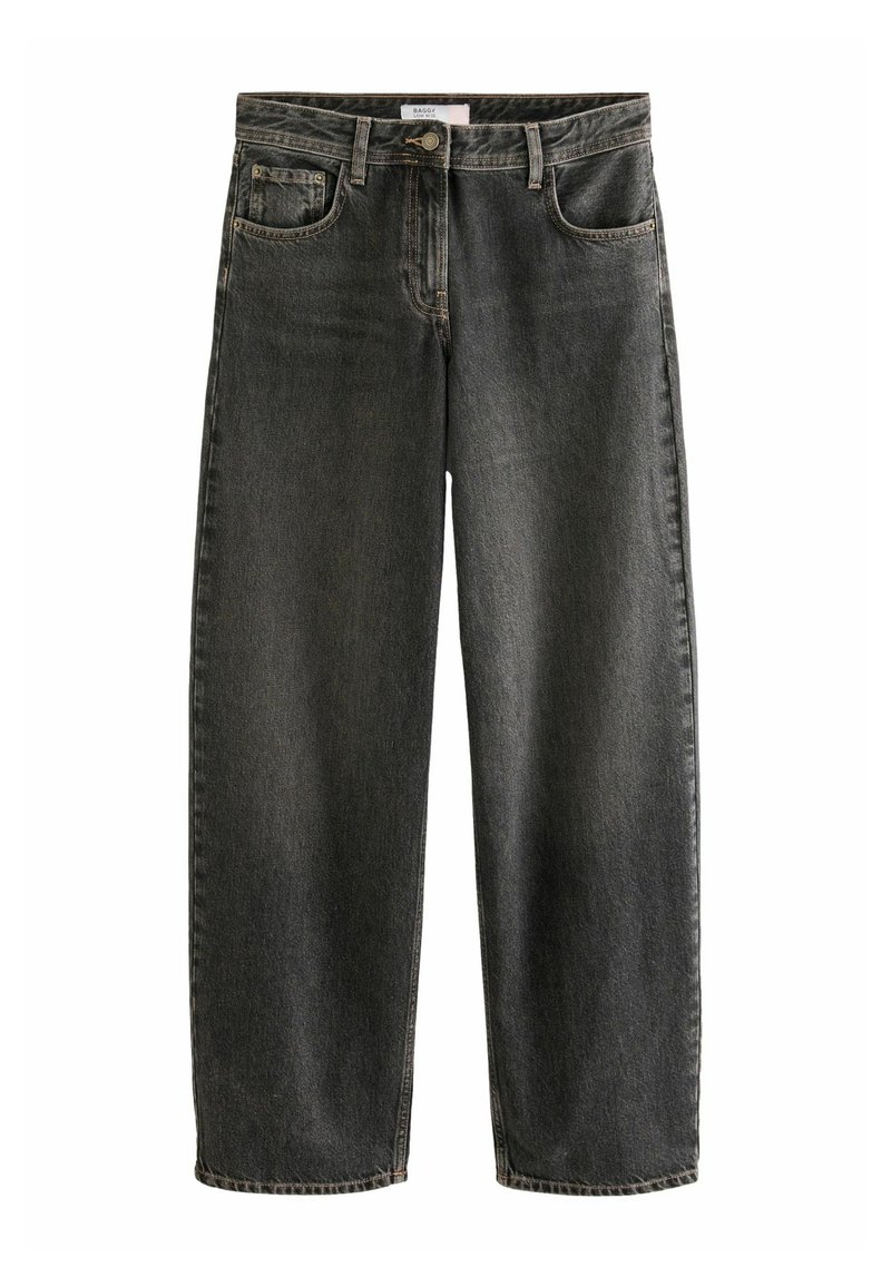 Vaqueros de mezclilla negra con cintura alta, diseño de pierna recta, cinco bolsillos y cierre de botón clásico. Textura suave con un ligero desgaste.