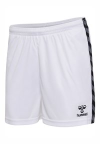 Białe sportowe spodenki z czarnymi bocznymi akcentami, wykonane z lekkiego materiału. Posiadają elastyczny pas oraz logo Hummel na dole po lewej stronie.