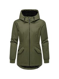 Green hooded jacket with a zipped front, two front pockets, elastic cuffs, and a warm, textured lining. Features a longer back design.