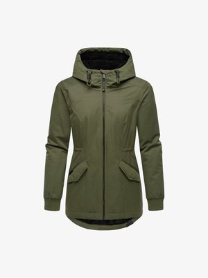 Green hooded jacket with a zipped front, two front pockets, elastic cuffs, and a warm, textured lining. Features a longer back design.