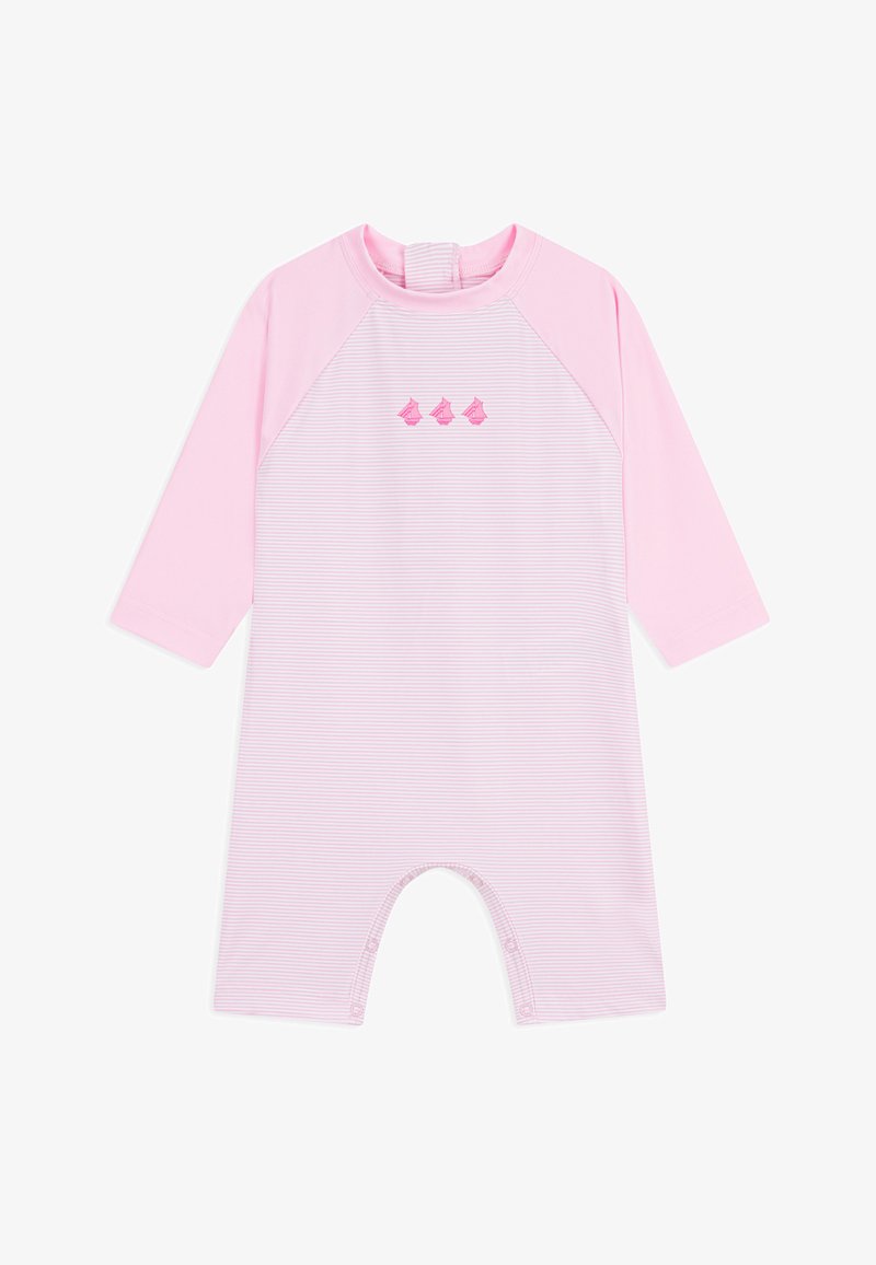 Tutina a maniche lunghe rosa baby con strisce rosa chiaro, tre piccole icone di barche a vela sul petto e chiusure a scatto all'altezza dell'inguine.