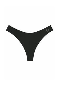 Juodas thong tipo apatinis trikotažas su lygiu, elastingu tekstūru. Pasižymi minimalistiniu dizainu ir logotipo akcentu ant juosmens. Paprasta ir moderni forma.