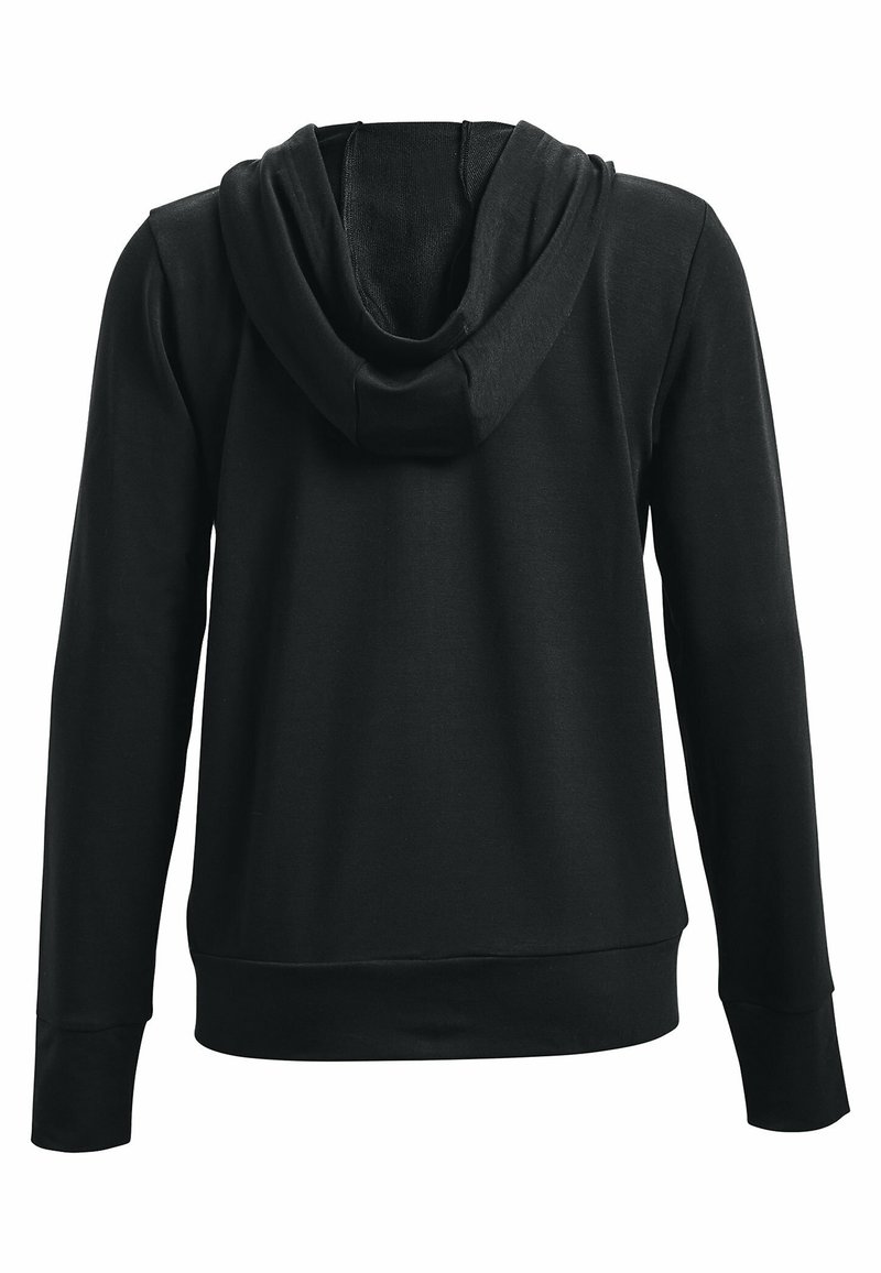 Sudadera negra con una textura suave, mangas largas y una capucha amplia. Tiene un corte relajado y un diseño simple y minimalista.
