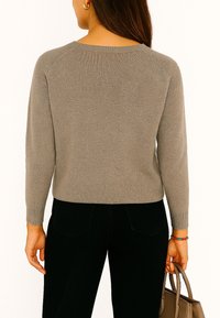 Grijze trui met lange mouwen en een ronde halslijn, met een gemêleerd breipatroon. Gecombineerd met donkere broeken en een bruine handtas.