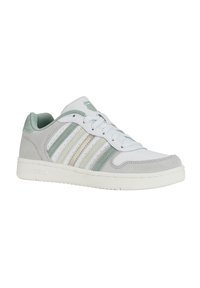 White sneakers with gray and mint accents, featuring a suede toe cap, three horizontal stripes on the side, and a textured rubber sole.