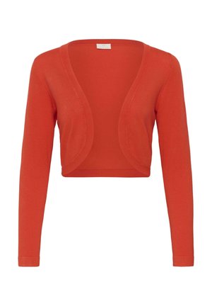 Cardigan rouge court à manches longues et devant ouvert, avec un ourlet incurvé et un tissu en maille léger.