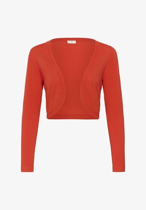 Cardigan rouge court à manches longues et devant ouvert, avec un ourlet incurvé et un tissu en maille léger.