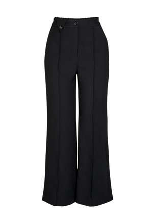Zwarte wijde broek van een gladde stof. Heeft een hoge taille met een gedetailleerde tailleband, voorplooien en twee knopen.