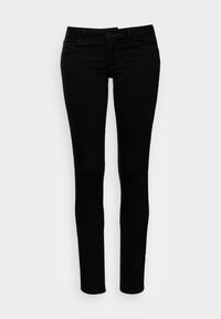 Sorte skinny jeans med en glat tekstur, fem lomme-design, metalhardware og bæltestropper. Klassisk pasform med en strømlinet silhuet.