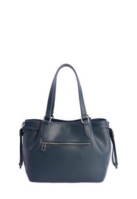 Bolso de cuero azul oscuro con dobles asas para el hombro y un bolsillo frontal horizontal con cremallera, posicionado sobre un fondo blanco.