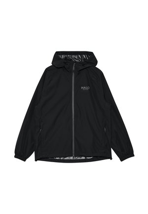 Sort hættejakke i letvægtsmateriale med lynlås foran, elastiske manchetter, lynlåslommer i siderne og "HALO"-logo på brystet.