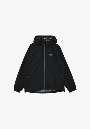 Sort hættejakke i letvægtsmateriale med lynlås foran, elastiske manchetter, lynlåslommer i siderne og "HALO"-logo på brystet.