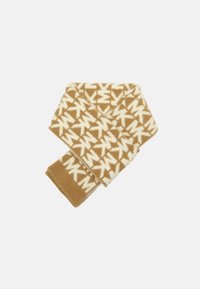 Gehaakte sjaal met een geometrisch patroon in bruin en crème, met een zachte textuur en effen gekleurde bies aan beide uiteinden.