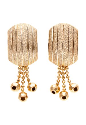 Gold-toned textured rectangular stud earrings with three small ball chains ending in faceted gold beads hanging from each stud.