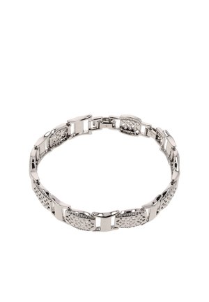 Hopeanvärinen metallirannekoru, jossa on vuorotellen sileitä ja teksturoituja suorakaiteen muotoisia lenkkejä, jotka muodostavat pyöreän korun.