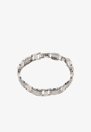 Ezüst tónusú fém karkötő, váltakozó sima és texturált téglalap alakú láncszemekből, kör alakú szalagot alkotva.