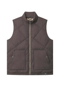 Dunkelbraune gesteppte ärmellose Weste mit hohem Kragen,Frontreißverschluss und zwei Druckknopf-Taschen.