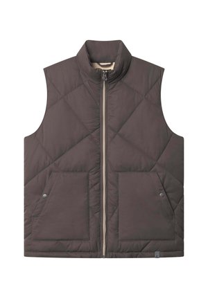 Giubbotto imbottito senza maniche color marrone scuro con colletto alto, zip frontale e due tasche con bottone a pressione.