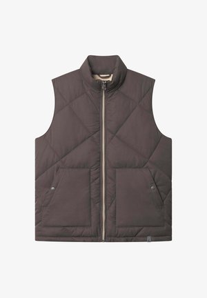 Dunkelbraune gesteppte ärmellose Weste mit hohem Kragen,Frontreißverschluss und zwei Druckknopf-Taschen.