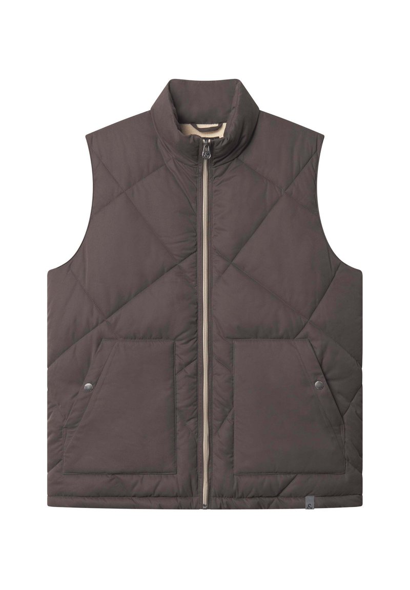 Dunkelbraune gesteppte ärmellose Weste mit hohem Kragen,Frontreißverschluss und zwei Druckknopf-Taschen.