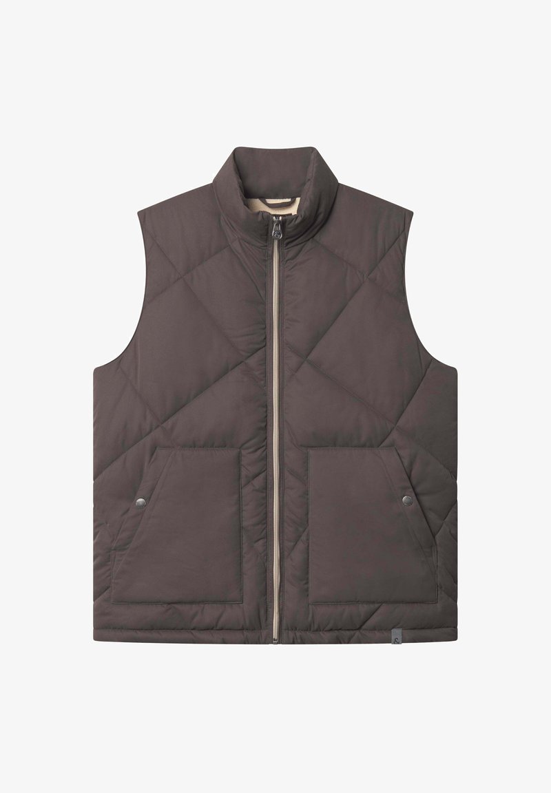 Dunkelbraune gesteppte ärmellose Weste mit hohem Kragen,Frontreißverschluss und zwei Druckknopf-Taschen.