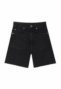 Mustat farkkushortsit, joissa on etuvaihteinen nappi, vetoketjukiinnitys, vyölenkit ja viisi taskua valkoisella taustalla.