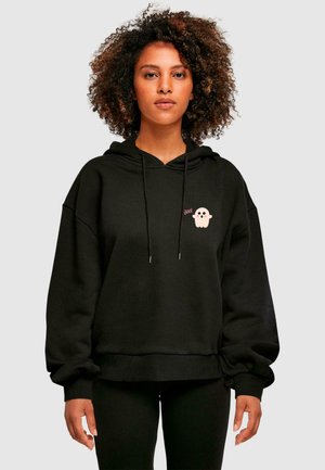 Black hooded sweatshirt featuring an oversized fit, ribbed cuffs, and a cute ghost graphic with "boo!" text in pink on the chest.