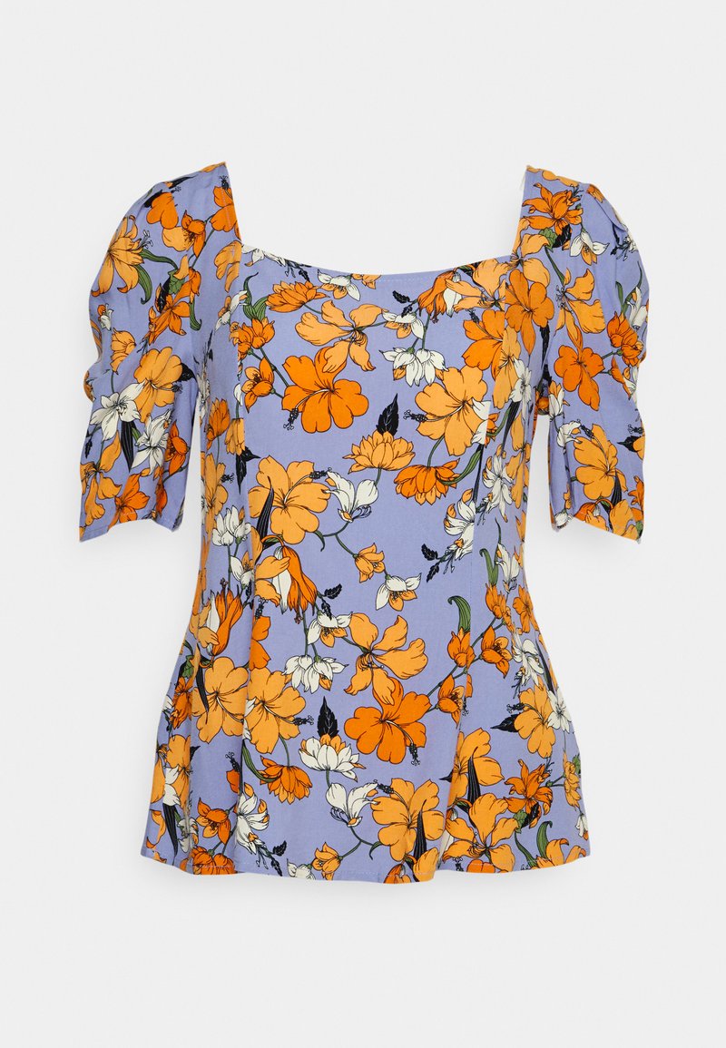 Blusa floral com mangas curtas em puff e decote quadrado. Apresenta flores laranja e brancas em um fundo roxo claro. Tecido leve.