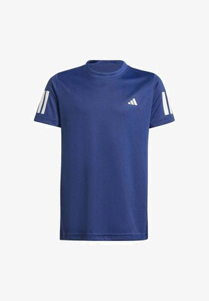 Navyblaue sportliche T-Shirt aus leichtem Stoff, mit Rundhalsausschnitt und weißen Streifen an den Ärmeln, sowie einem kleinen Logo auf der Brust.