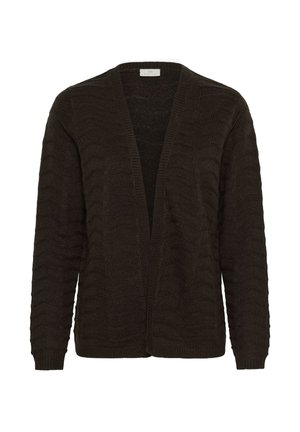 Gilet en tricot noir avec une ouverture sur le devant, présentant des motifs de vagues texturés et des manches longues. Aucune fermeture ni embellissement visible.
