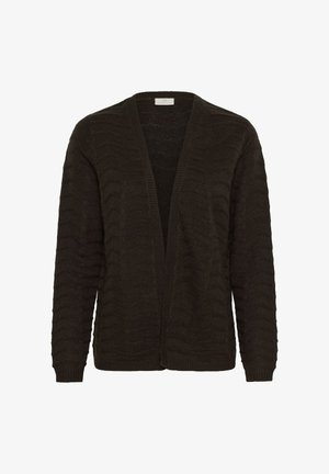 Svart stickad cardigan med öppen fram, med texturerade vågmönster och långa ärmar. Inga synliga stängningar eller utsmyckningar.