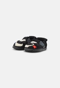 Black slippers with a textured finish, featuring embroidered sheep design, red flower accent, and stretch fabric for easy wear.