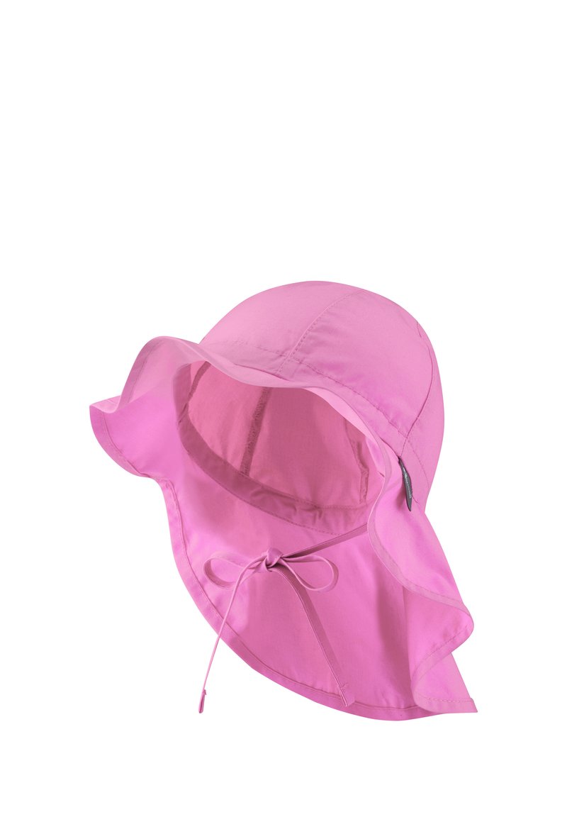 Rosa Stoff-Sonnenhut mit einem breiten, ausgestellten Rand, innen mit einem Band gebunden. Glatte Textur, leichtes Design, geeignet für den Einsatz im Freien.