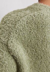 Texturiertes, weiches Gewebe in gedecktem Grün mit einer flauschigen Oberfläche. Gerundeter Halsausschnitt und lässiger Fall, der ein warmes, gemütliches Erscheinungsbild zeigt.
