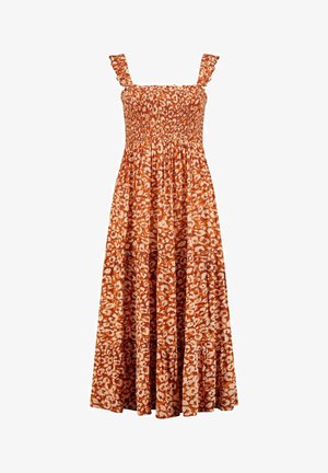 Maxi ruha smockolt melltartóval, fodros pántokkal és bővülő szoknyával. Könnyű anyagból készült, narancssárga és fehér leopárdmintával díszítve.