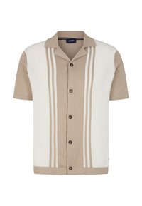 Short-sleeve shirt in beige with cream stripes. Made of lightweight fabric, featuring a button front and a classic collar.