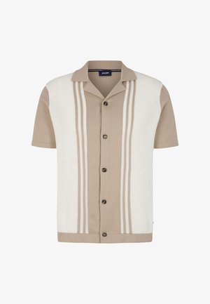Camicia a maniche corte beige con strisce color crema. Realizzata in tessuto leggero, presenta una chiusura con bottoni e un colletto classico.