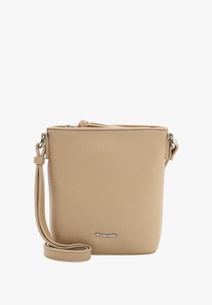 Borsa a tracolla in pelle beige con texture a grana fine, chiusura con zip e tracolla regolabile. Presenta un dettaglio del logo in tonalità argento sul davanti.