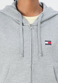 Felpa grigia con zip realizzata in tessuto morbido, caratterizzata da una tasca frontale e un piccolo logo ricamato con dettagli rossi, bianchi e blu.
