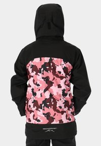 Black waterproof jacket featuring a pink, burgundy, and black camouflage design on the back, with a hood and logo at the hem.
