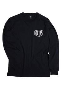 Schwarzes langärmeliges T-Shirt aus Baumwolle. Mit weißem Wappen-Logo und "DEUS"-Text auf der linken Brust. Rundhalsausschnitt und normale Passform.