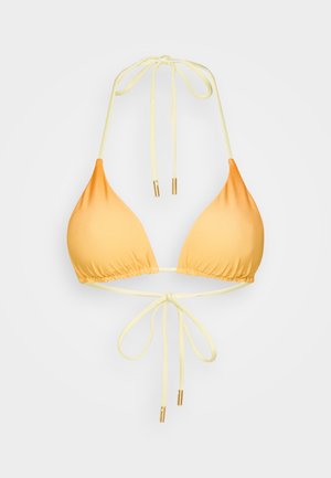 Gul gradient bikini top med trekantede skåle, blød tekstur, justerbare bånd og metalliske detaljer på enderne af stropperne.