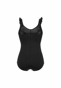 Svart badkläder med justerbara band, rynkade detaljer och en slät textur. Har en låg rygg och knäppe i botten.