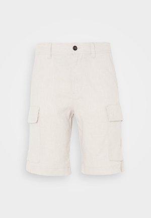 Beige cargo shorts made of lightweight fabric, featuring two side pockets and a folded hem. Button closure at the waist.